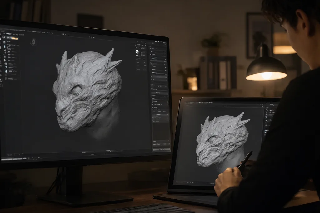 Artist modelling a detailed prop on a large studio monitor with a graphics tablet