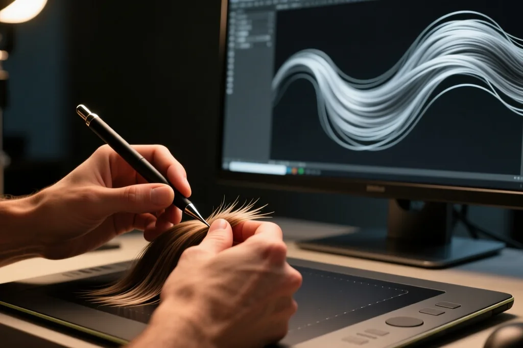 Character grooming artist refining hair curves at a studio workstation