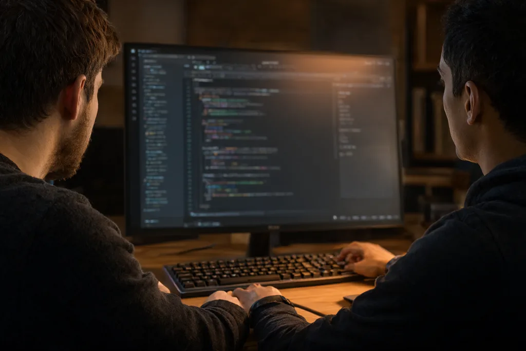Software developers reviewing code and build output on monitors in a studio