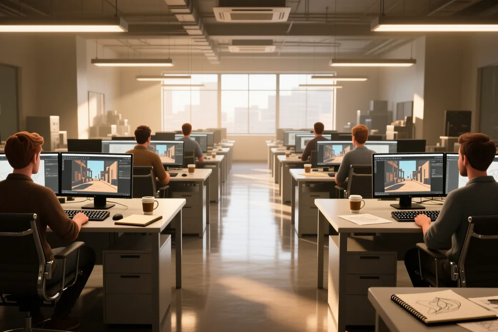 A 3D artist reviewing a layered scene on a studio workstation